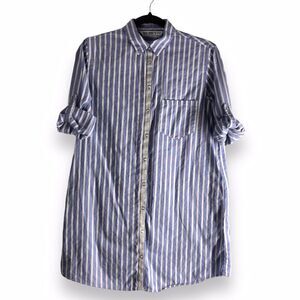 Zara Size Medium Basic Z1975 Blue Stripe Shirt 3/4 Sleeve‎ Button Front Pockets